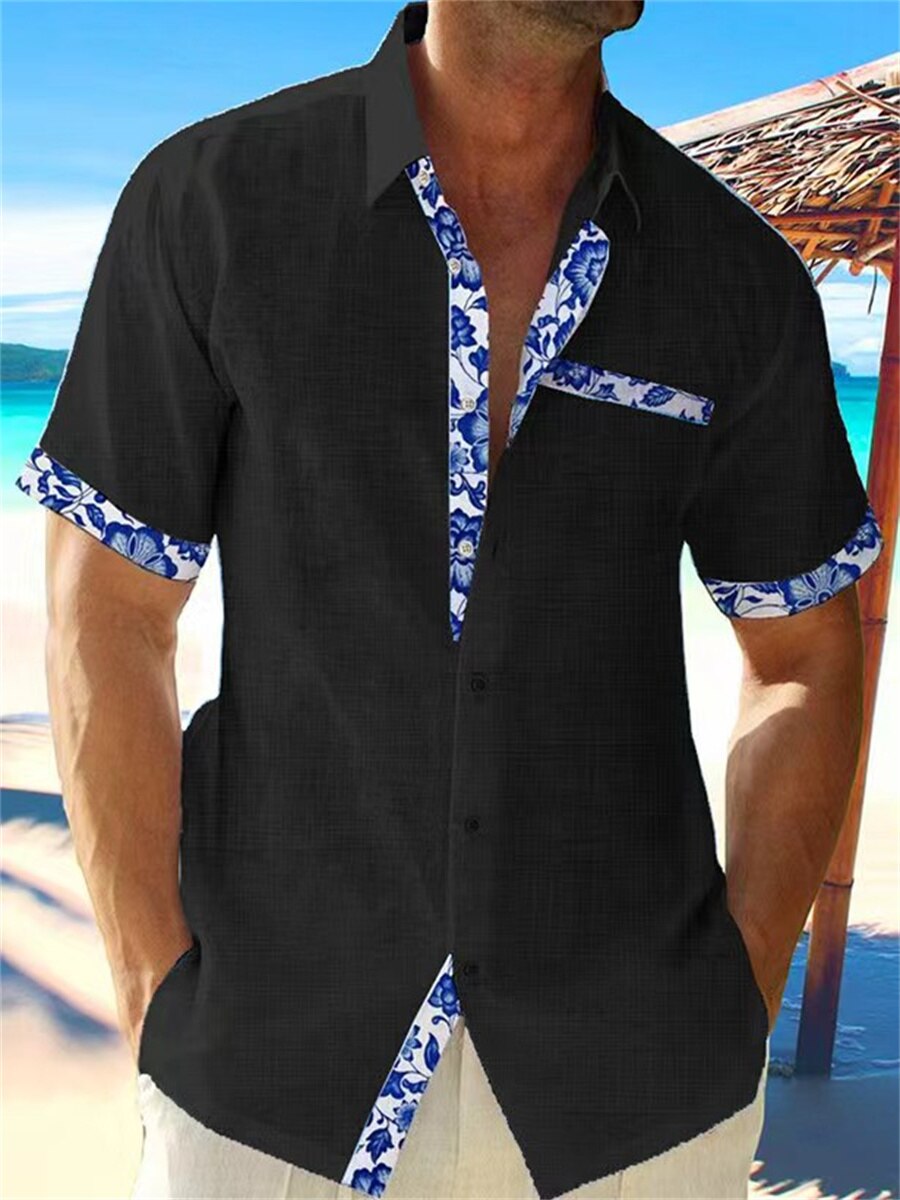 Men's short sleeve shirt with contrasting floral trim on the placket, cuffs and chest pocket