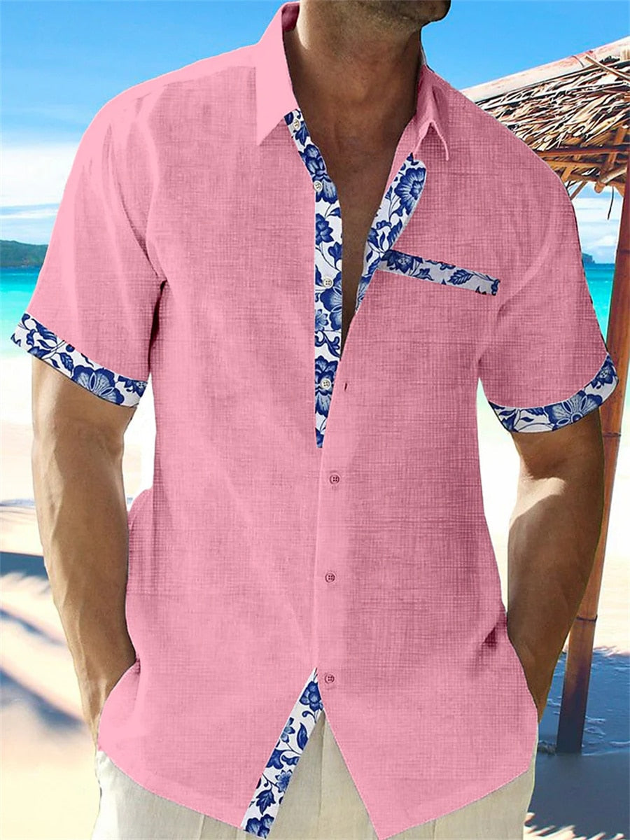 Men's short sleeve shirt with contrasting floral trim on the placket, cuffs and chest pocket
