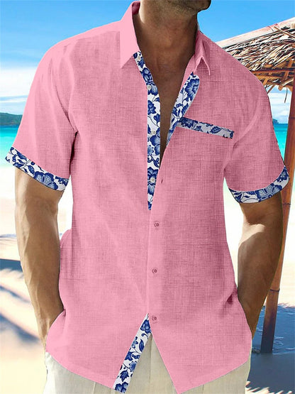 Men's short sleeve shirt with contrasting floral trim on the placket, cuffs and chest pocket