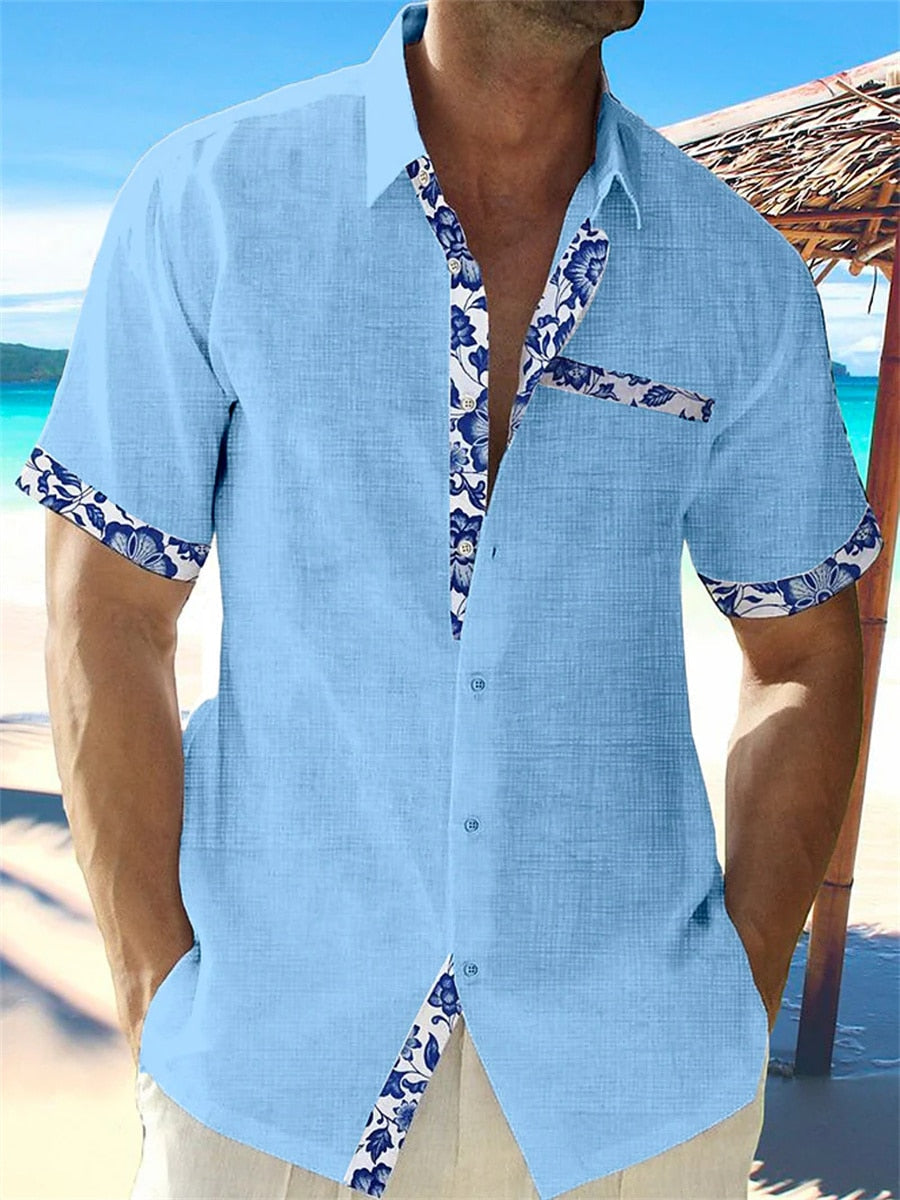 Men's short sleeve shirt with contrasting floral trim on the placket, cuffs and chest pocket