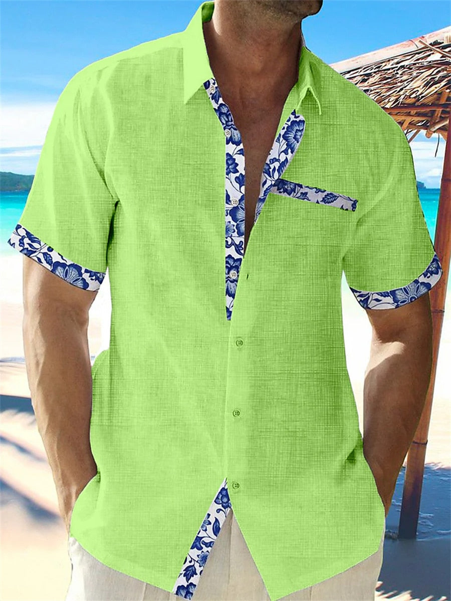 Men's short sleeve shirt with contrasting floral trim on the placket, cuffs and chest pocket