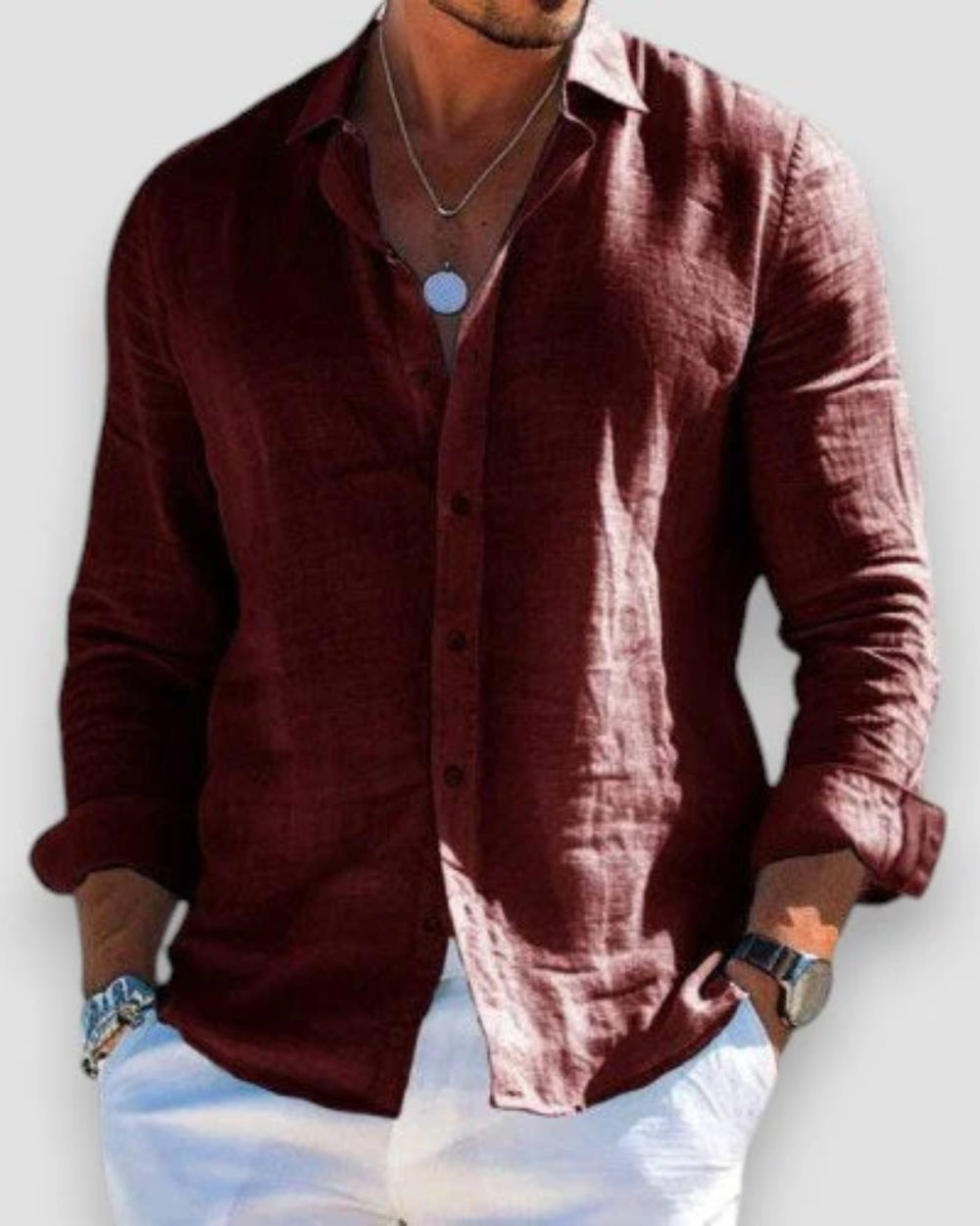 Men's long sleeve collared shirt with button front and rolled cuffs