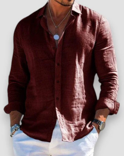 Men's long sleeve collared shirt with button front and rolled cuffs
