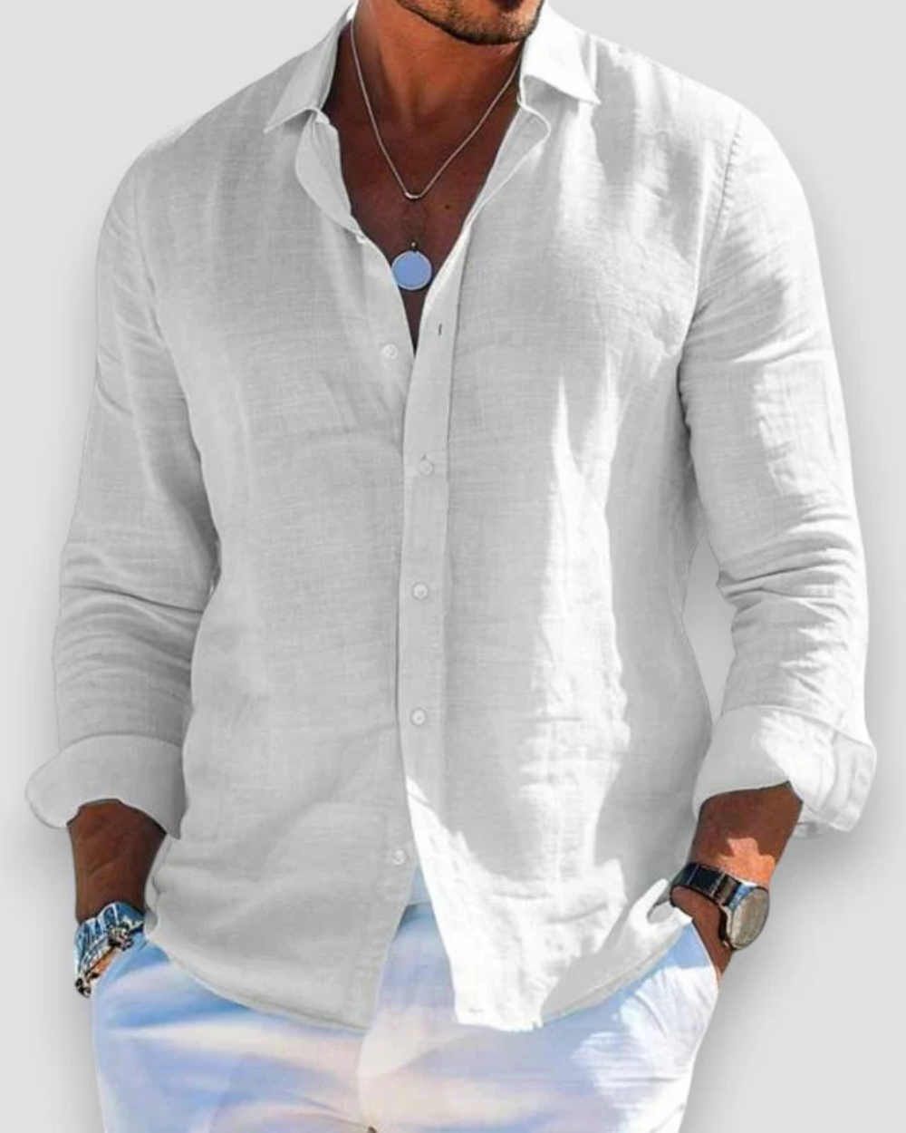 Men's long sleeve collared shirt with button front and rolled cuffs