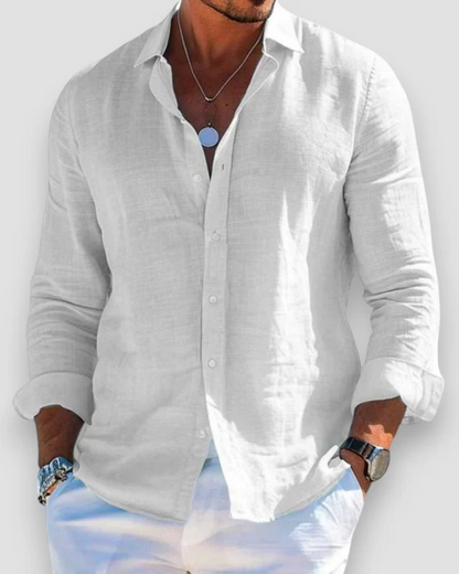 Men's long sleeve collared shirt with button front and rolled cuffs