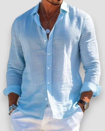 Men's long sleeve collared shirt with button front and rolled cuffs