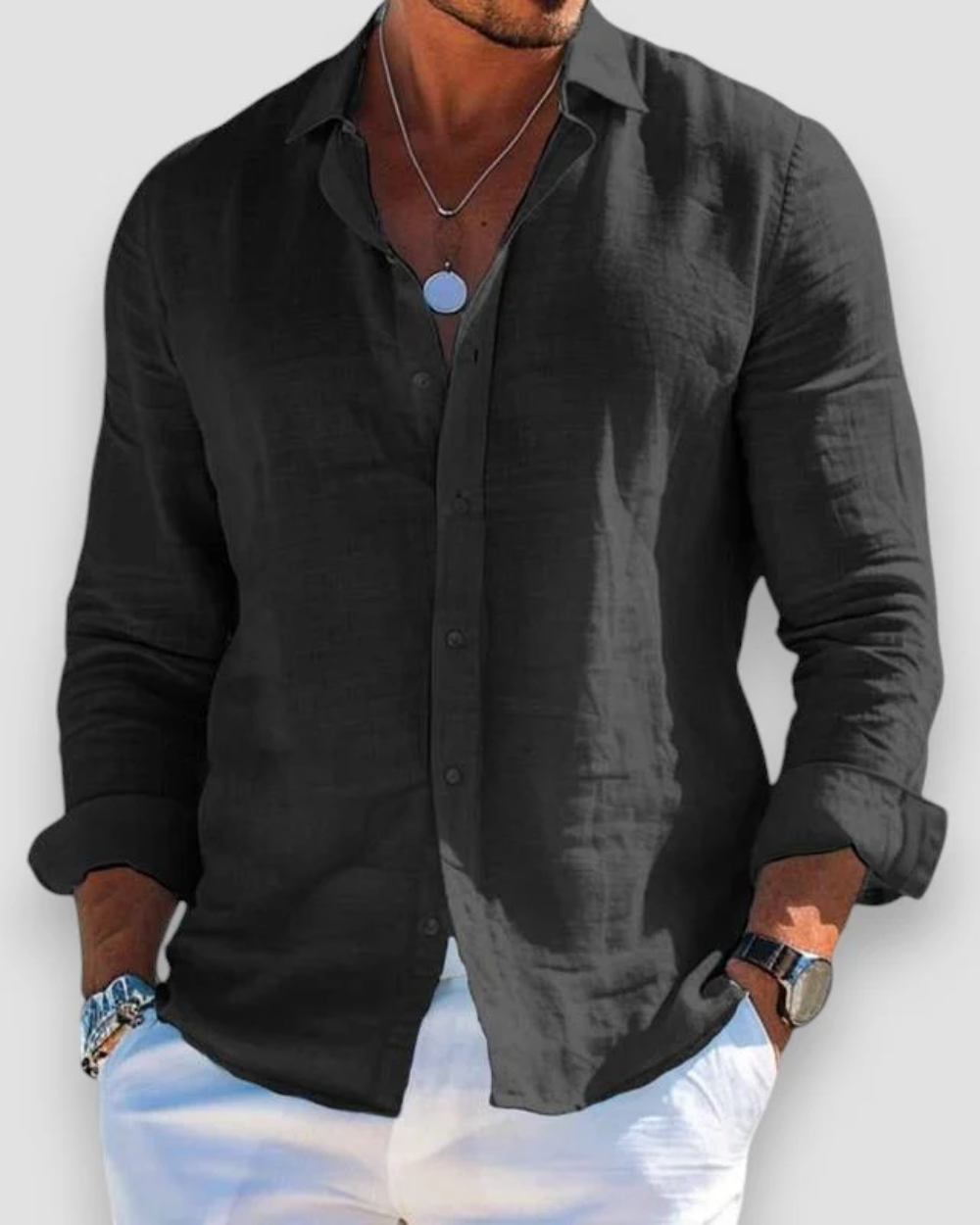 Men's long sleeve collared shirt with button front and rolled cuffs