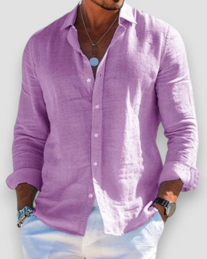 Men's long sleeve collared shirt with button front and rolled cuffs