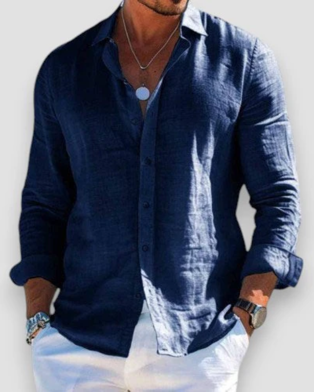 Men's long sleeve collared shirt with button front and rolled cuffs