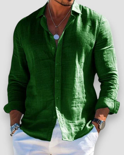 Men's long sleeve collared shirt with button front and rolled cuffs