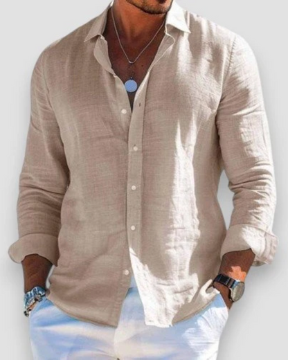 Men's long sleeve collared shirt with button front and rolled cuffs