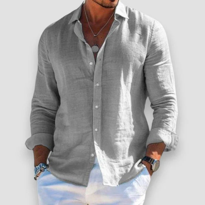 Men's long sleeve collared shirt with button front and rolled cuffs