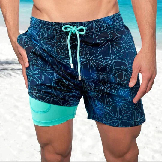 Men's printed swim shorts with drawstring waist and integrated compression liner