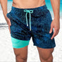 Men's printed swim shorts with drawstring waist and integrated compression liner