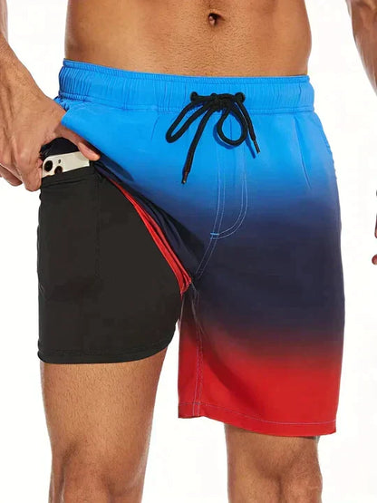Men's printed swim shorts with drawstring waist and integrated compression liner