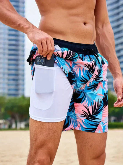 Men's printed swim shorts with drawstring waist and integrated compression liner