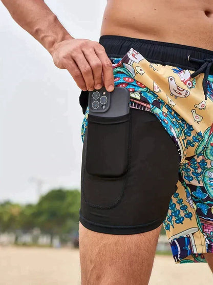 Men's printed swim shorts with drawstring waist and integrated compression liner
