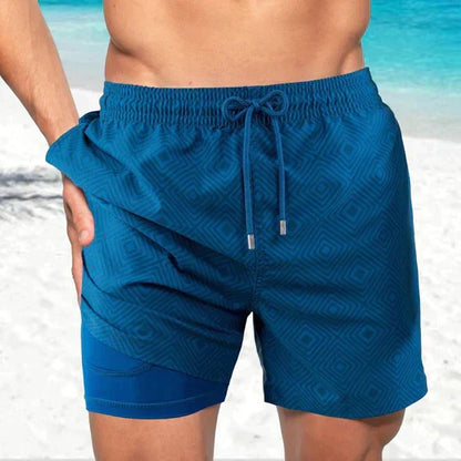 Men's printed swim shorts with drawstring waist and integrated compression liner