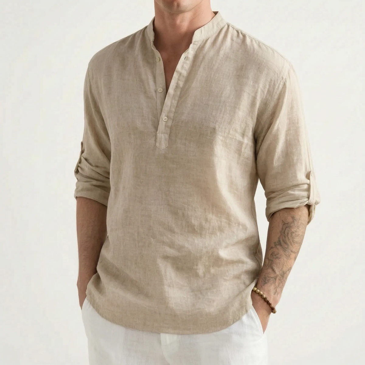 Men's solid mandarin collar shirt with long sleeves and button placket