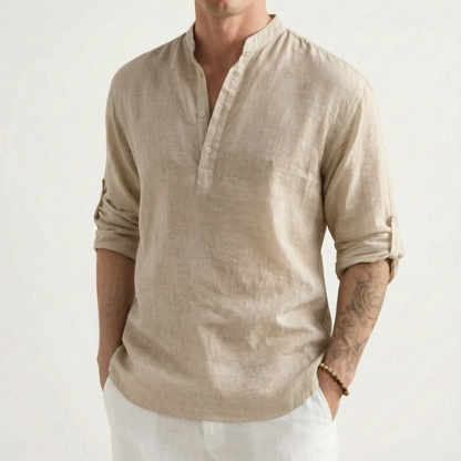 Men's solid mandarin collar shirt with long sleeves and button placket