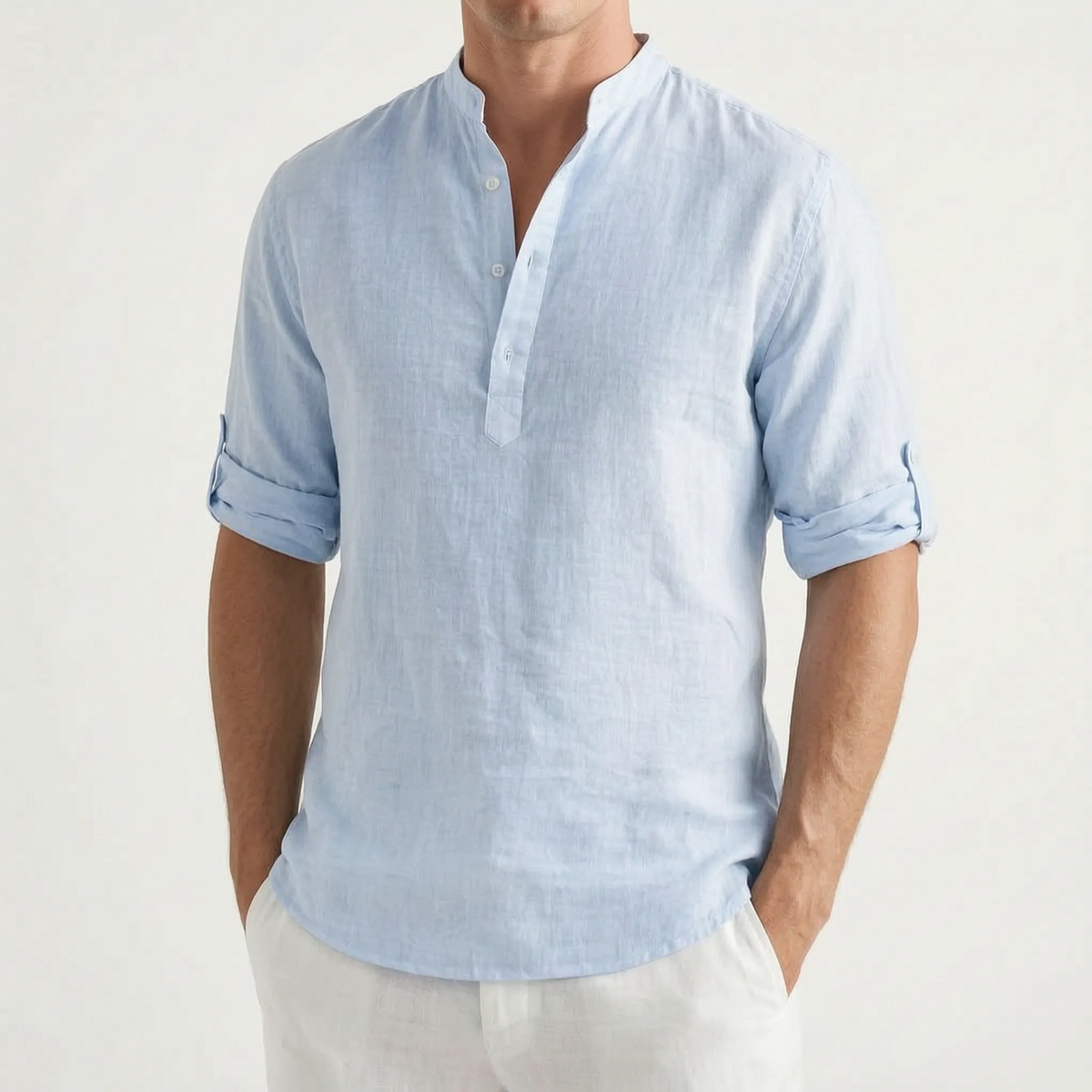 Men's solid mandarin collar shirt with long sleeves and button placket
