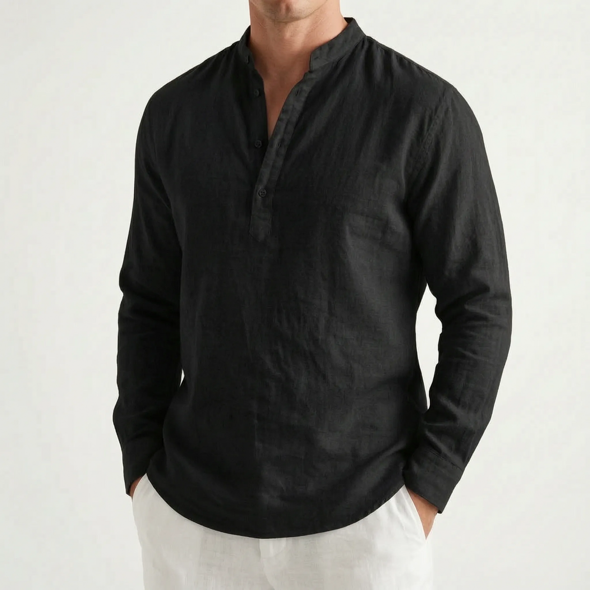 Men's solid mandarin collar shirt with long sleeves and button placket
