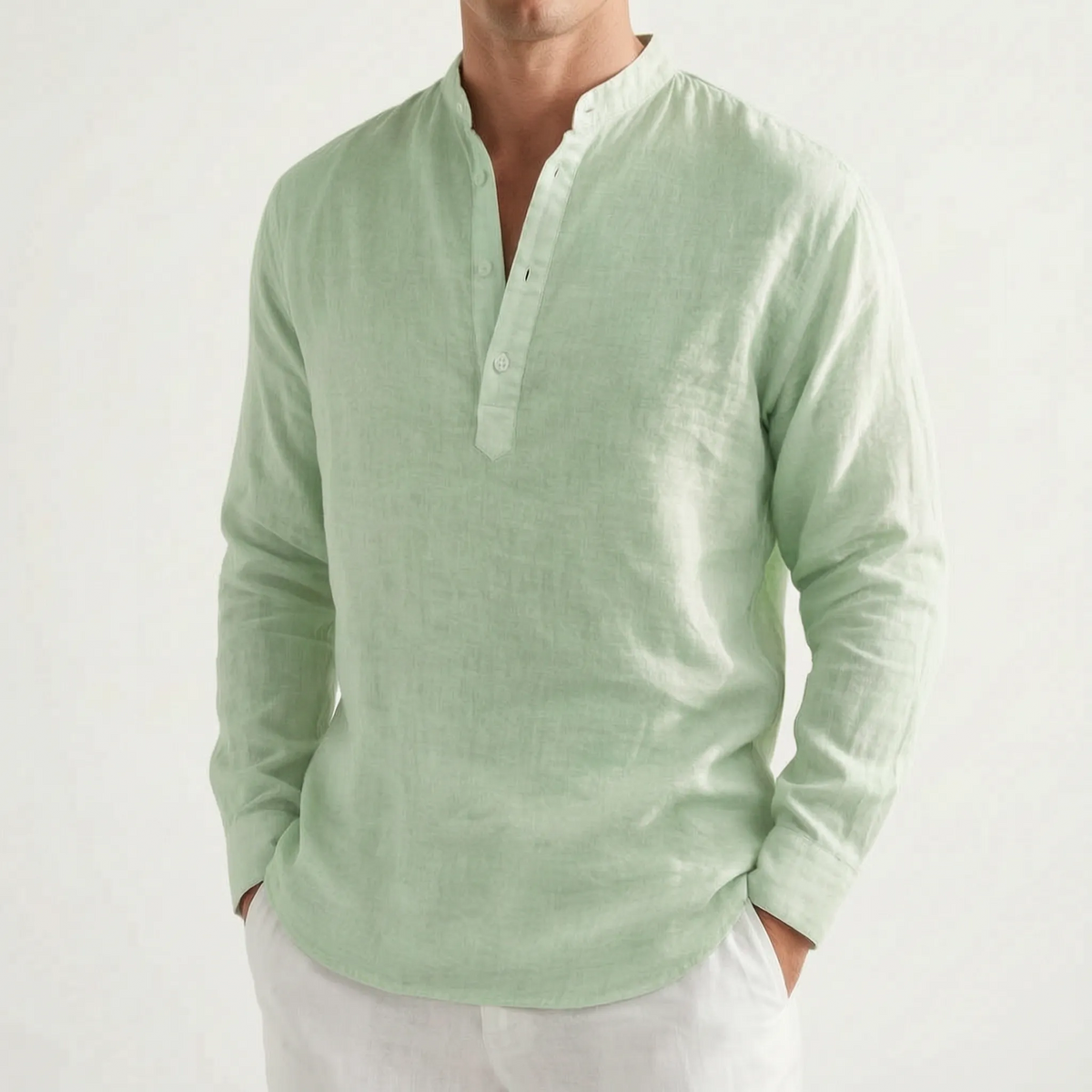 Men's solid mandarin collar shirt with long sleeves and button placket