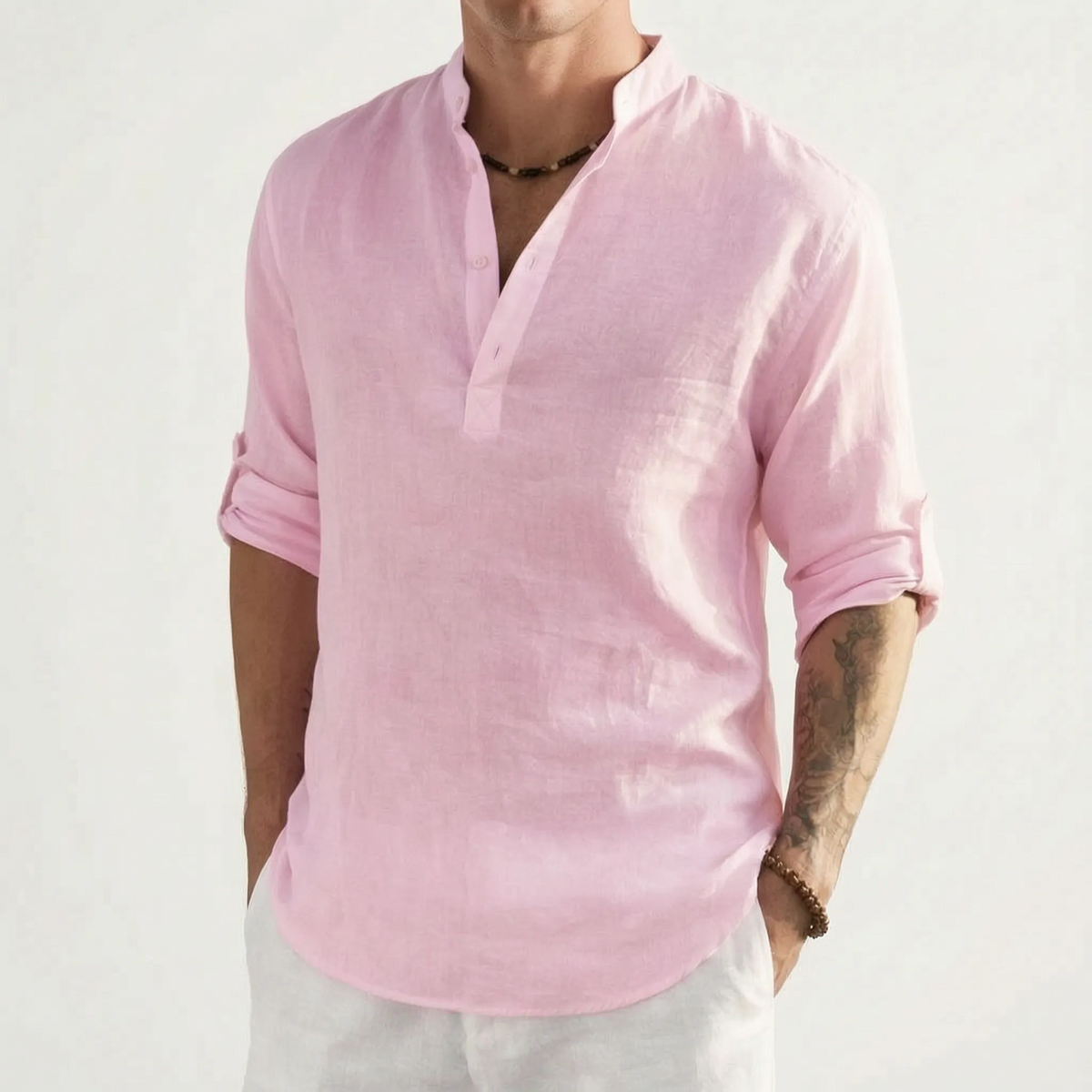 Men's solid mandarin collar shirt with long sleeves and button placket