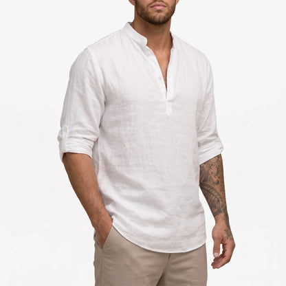 Men's solid mandarin collar shirt with long sleeves and button placket