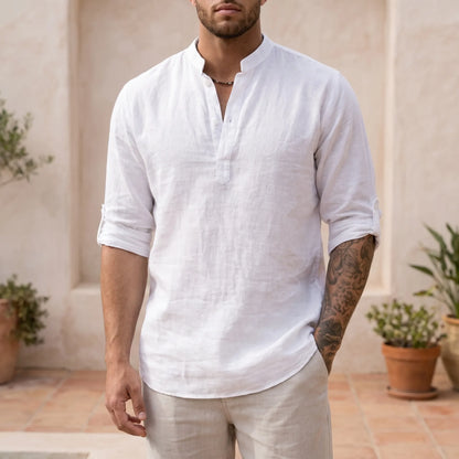 Men's solid mandarin collar shirt with long sleeves and button placket