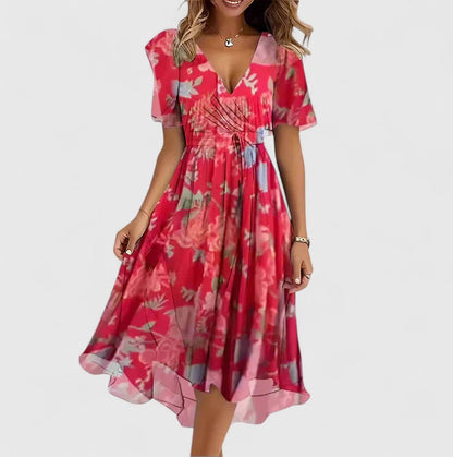 Women's multicoloured floral V-neck midi dress with short sleeves and tie waist