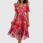 Women's multicoloured floral V-neck midi dress with short sleeves and tie waist