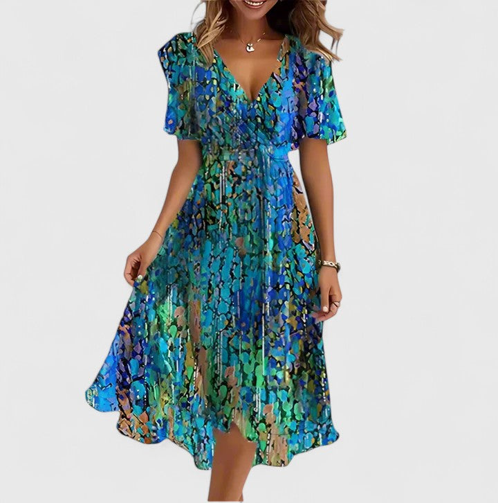 Women's multicoloured floral V-neck midi dress with short sleeves and tie waist