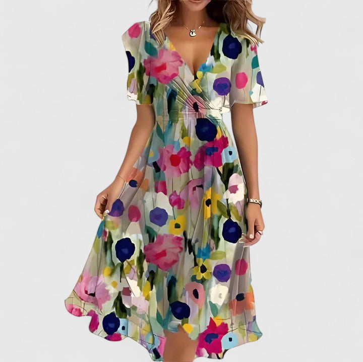 Women's multicoloured floral V-neck midi dress with short sleeves and tie waist