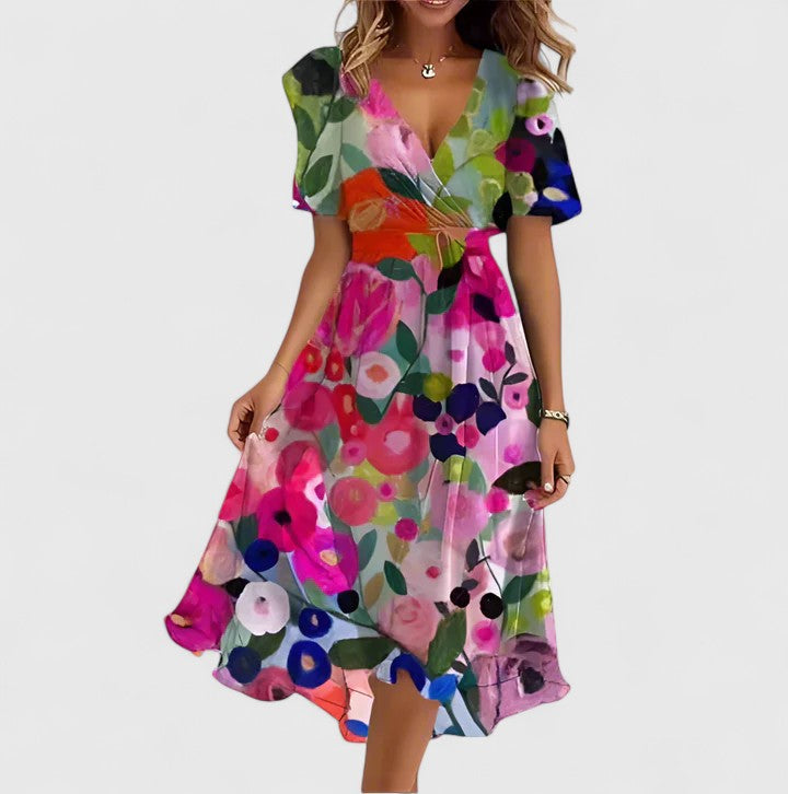 Women's multicoloured floral V-neck midi dress with short sleeves and tie waist
