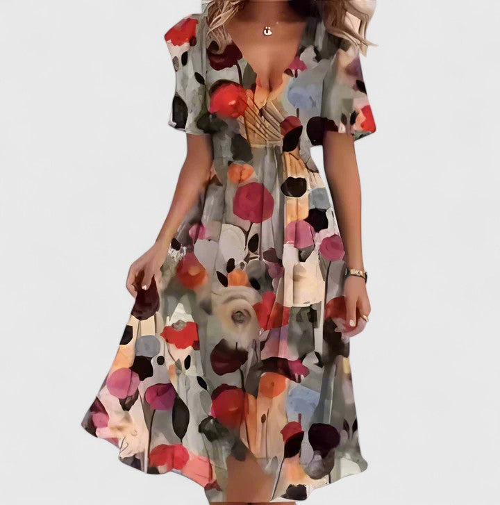 Women's multicoloured floral V-neck midi dress with short sleeves and tie waist