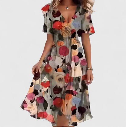 Women's multicoloured floral V-neck midi dress with short sleeves and tie waist