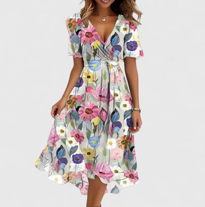 Women's multicoloured floral V-neck midi dress with short sleeves and tie waist