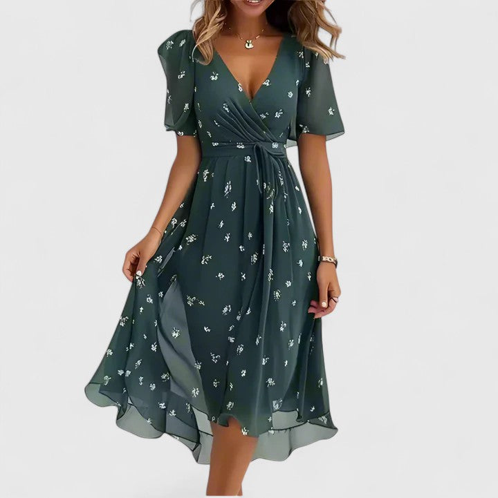 Women's multicoloured floral V-neck midi dress with short sleeves and tie waist
