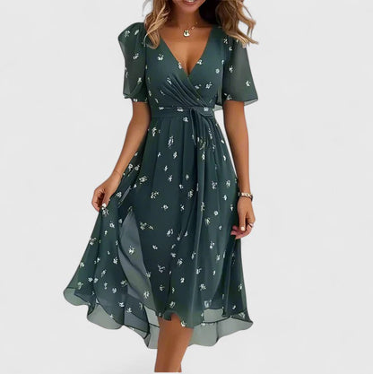 Women's multicoloured floral V-neck midi dress with short sleeves and tie waist
