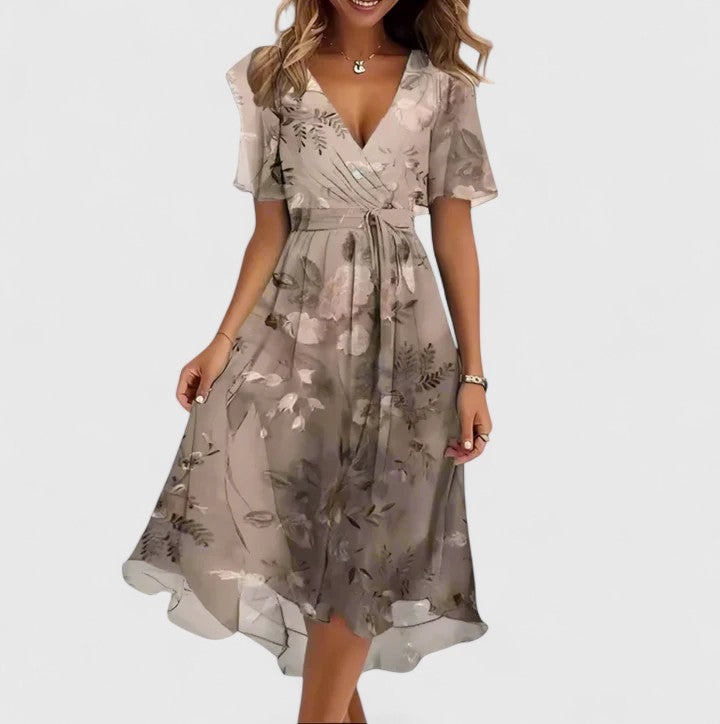 Women's multicoloured floral V-neck midi dress with short sleeves and tie waist