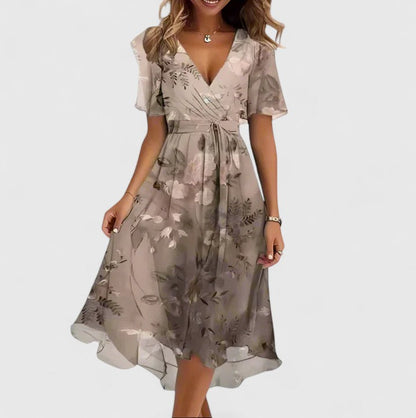 Women's multicoloured floral V-neck midi dress with short sleeves and tie waist