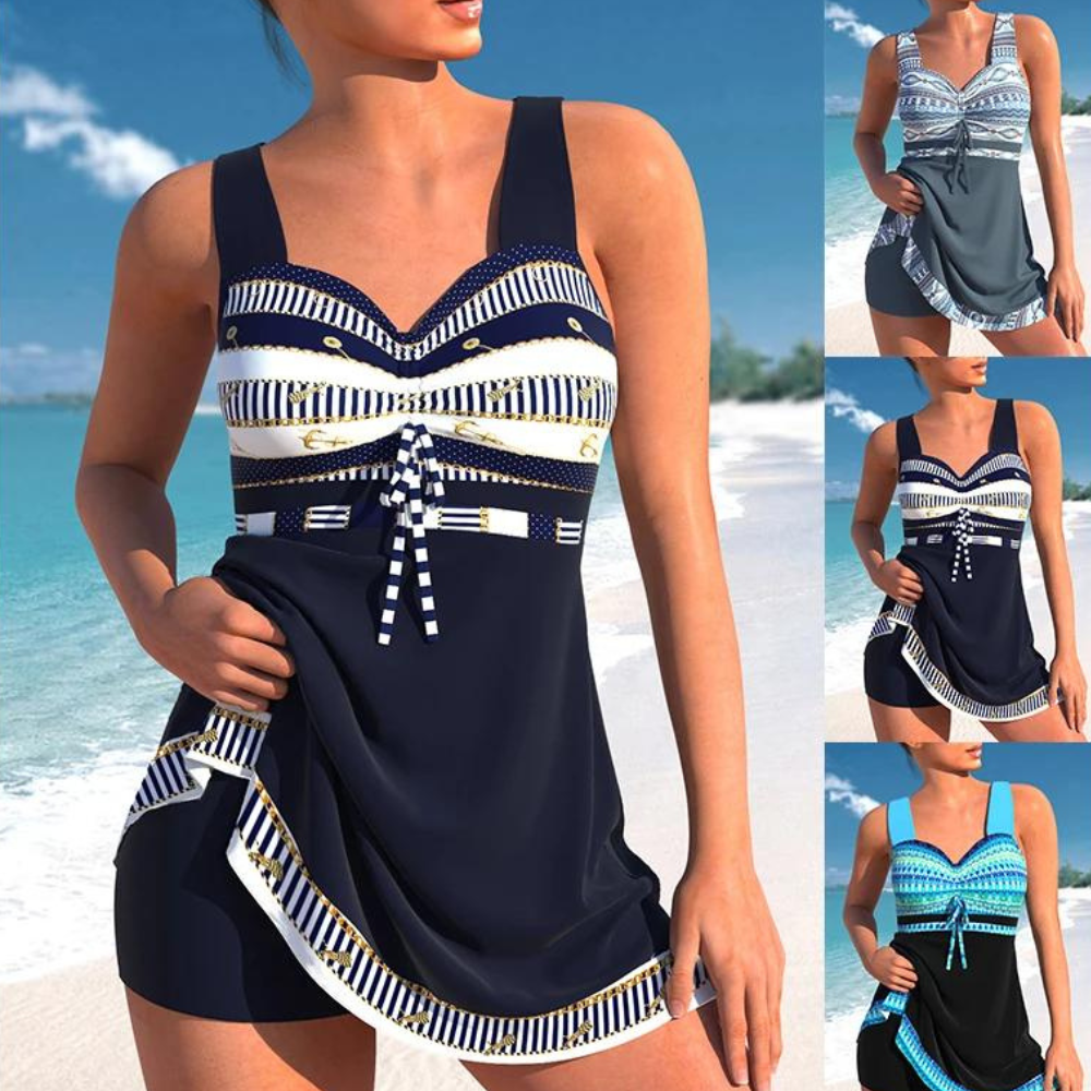 Women's sleeveless patterned swim dress with tie front and integrated shorts