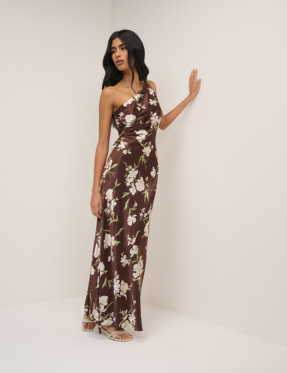 Women's brown floral one-shoulder maxi dress