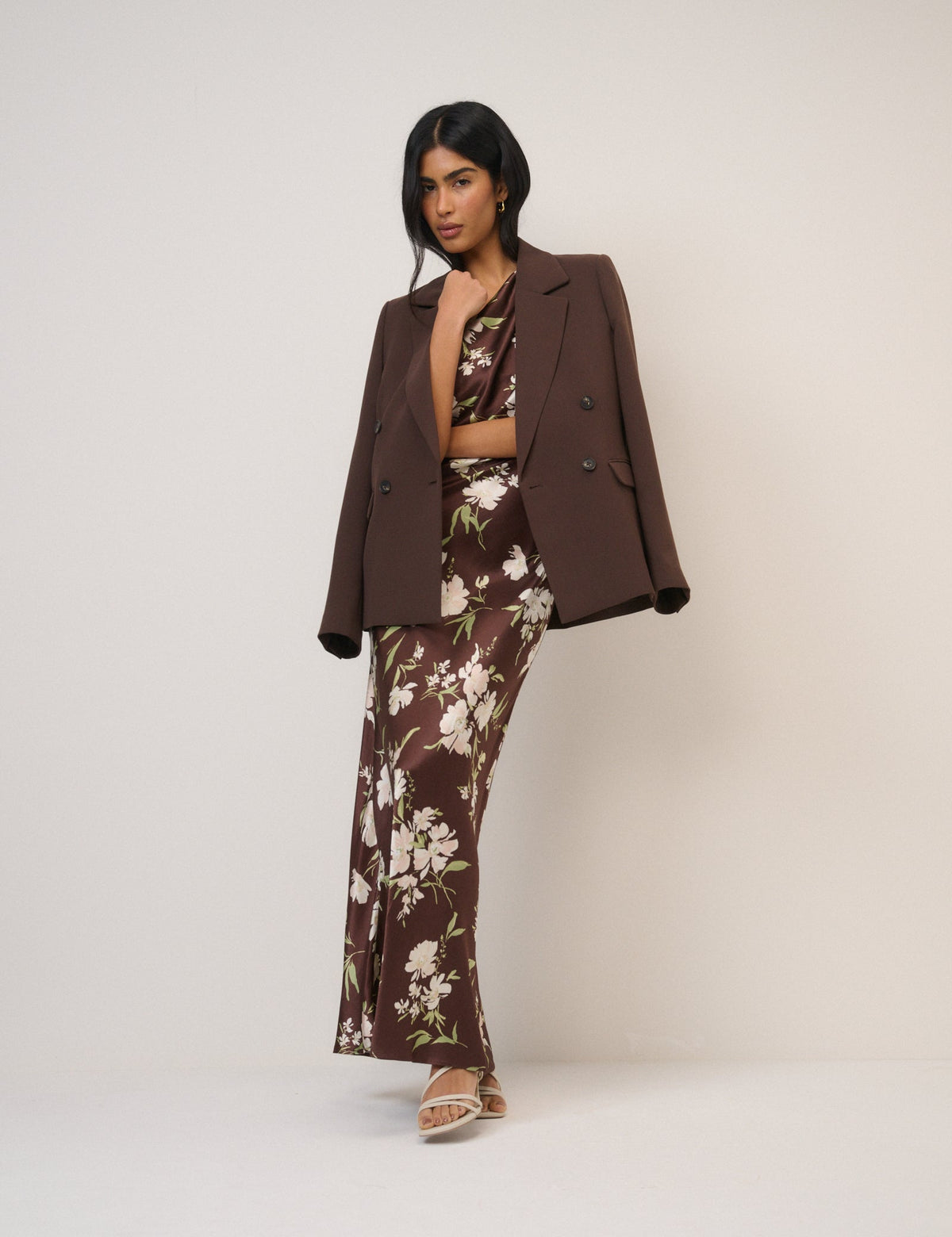 Women's brown floral one-shoulder maxi dress