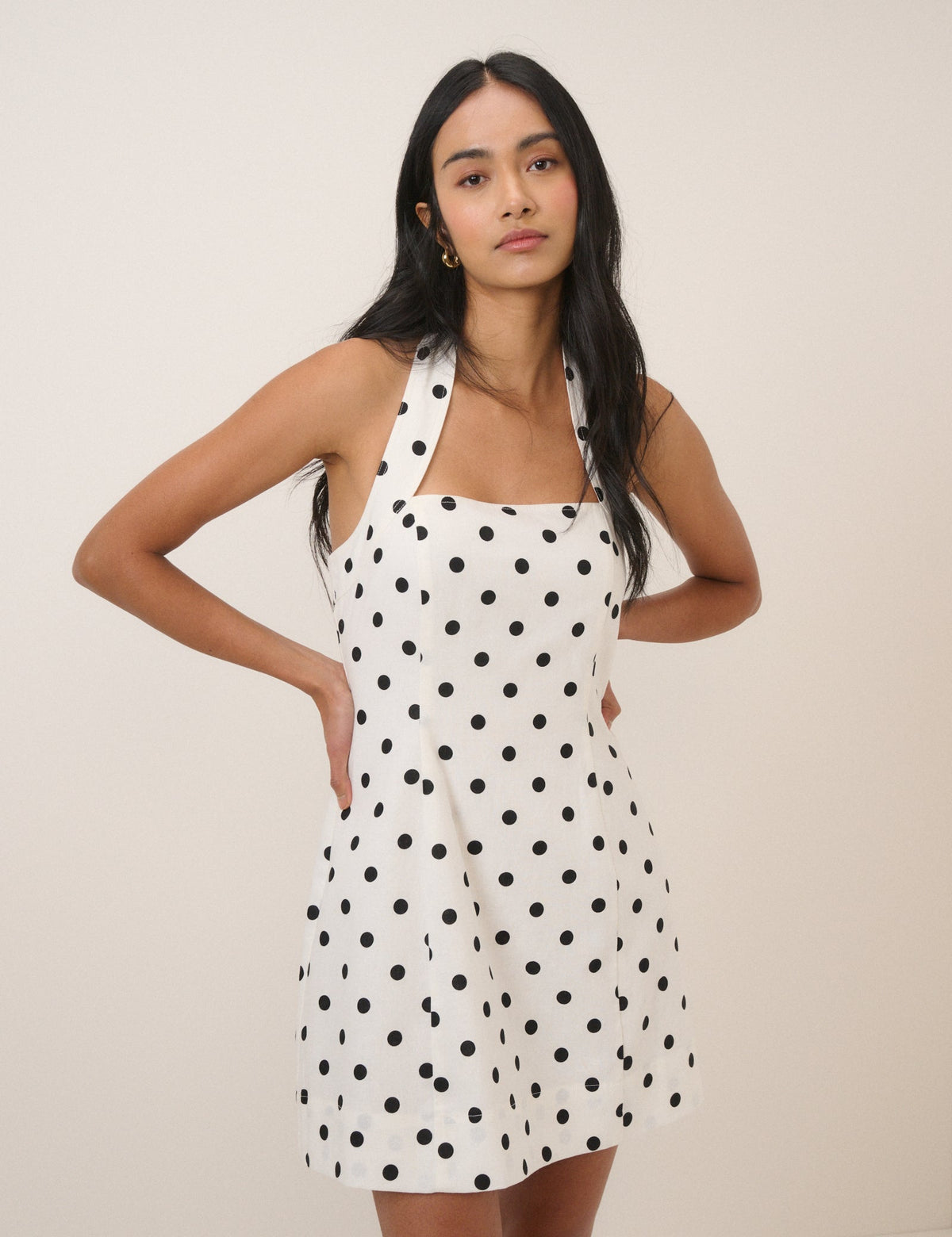 Women's white polka dot halterneck mini dress with square neckline