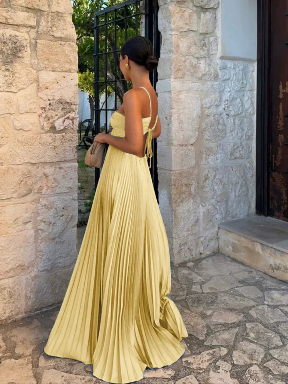 Pleated halter maxi dress with high waist and side cut-outs