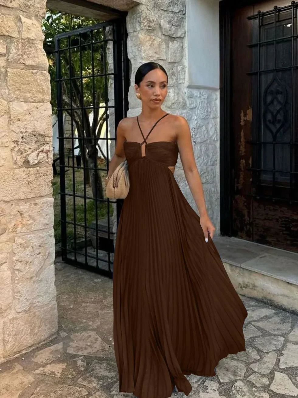 Pleated halter maxi dress with high waist and side cut-outs