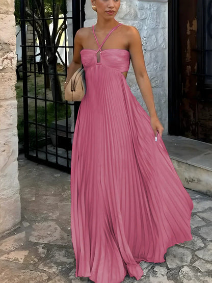 Pleated halter maxi dress with high waist and side cut-outs