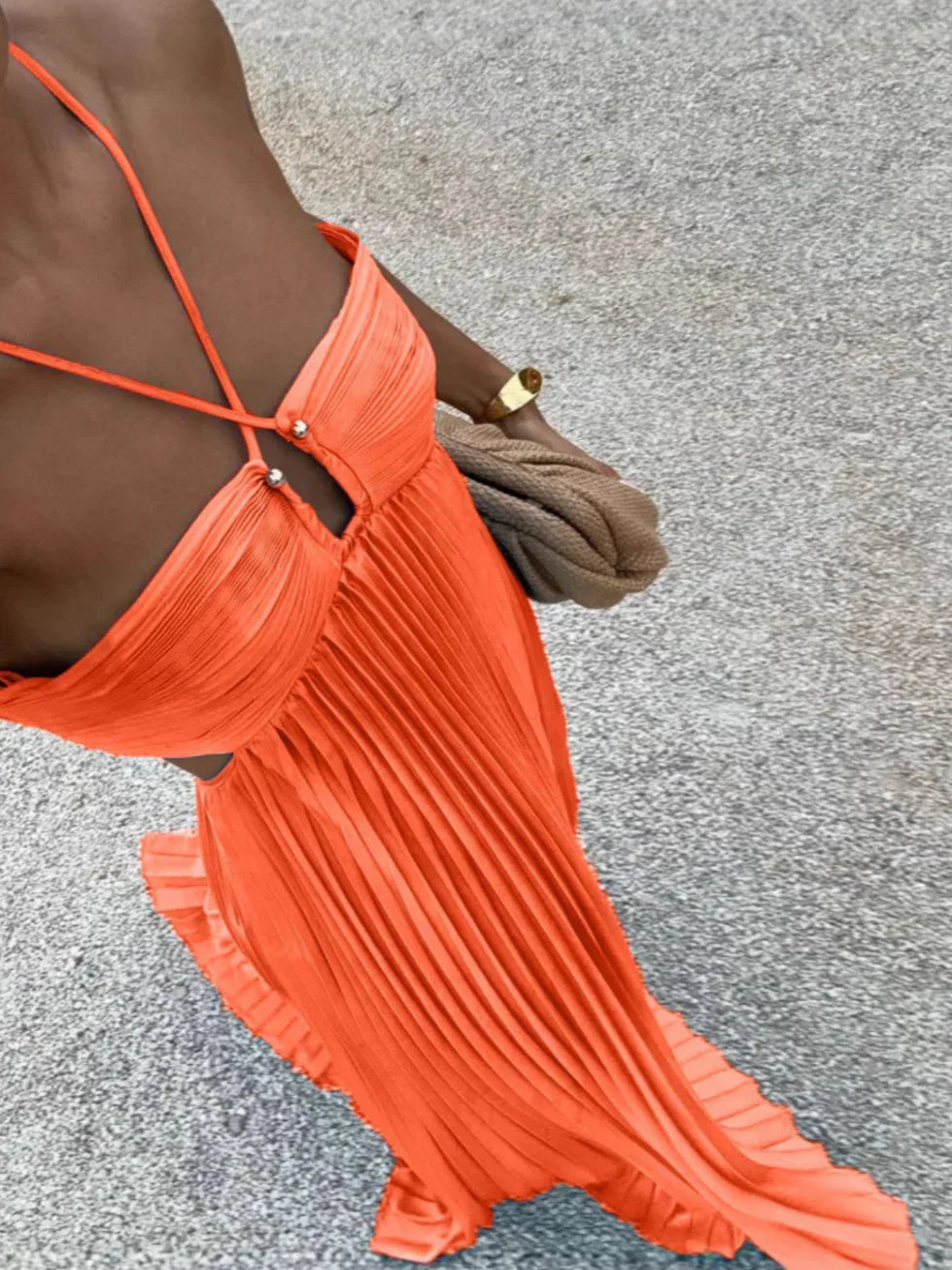 Pleated halter maxi dress with high waist and side cut-outs